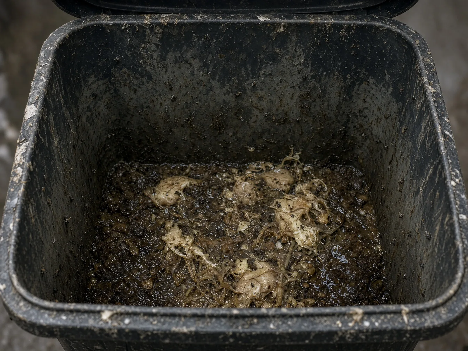 Uncleaned outdoor trash bin at the curb, before a wash