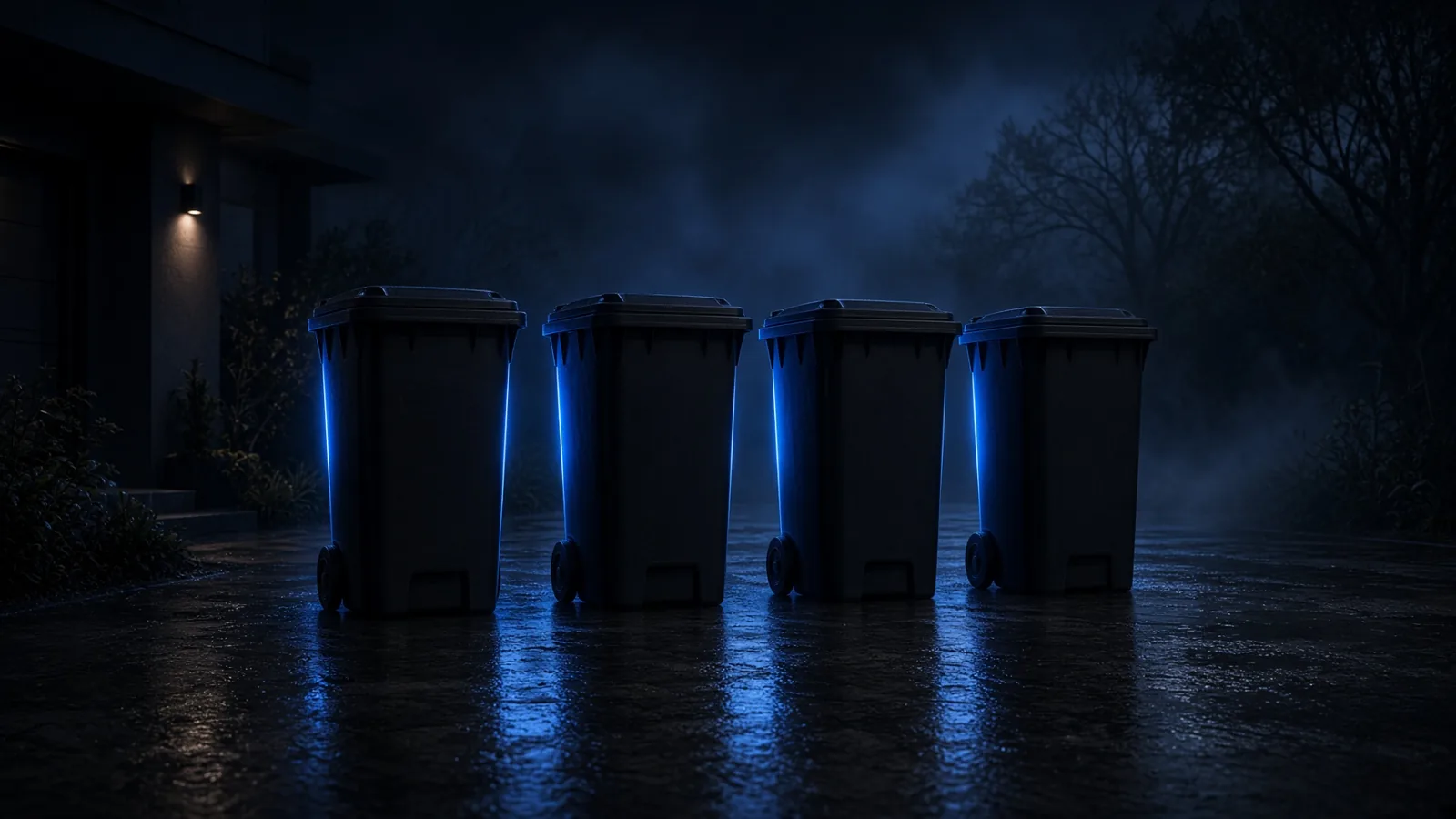 A row of freshly cleaned black bins