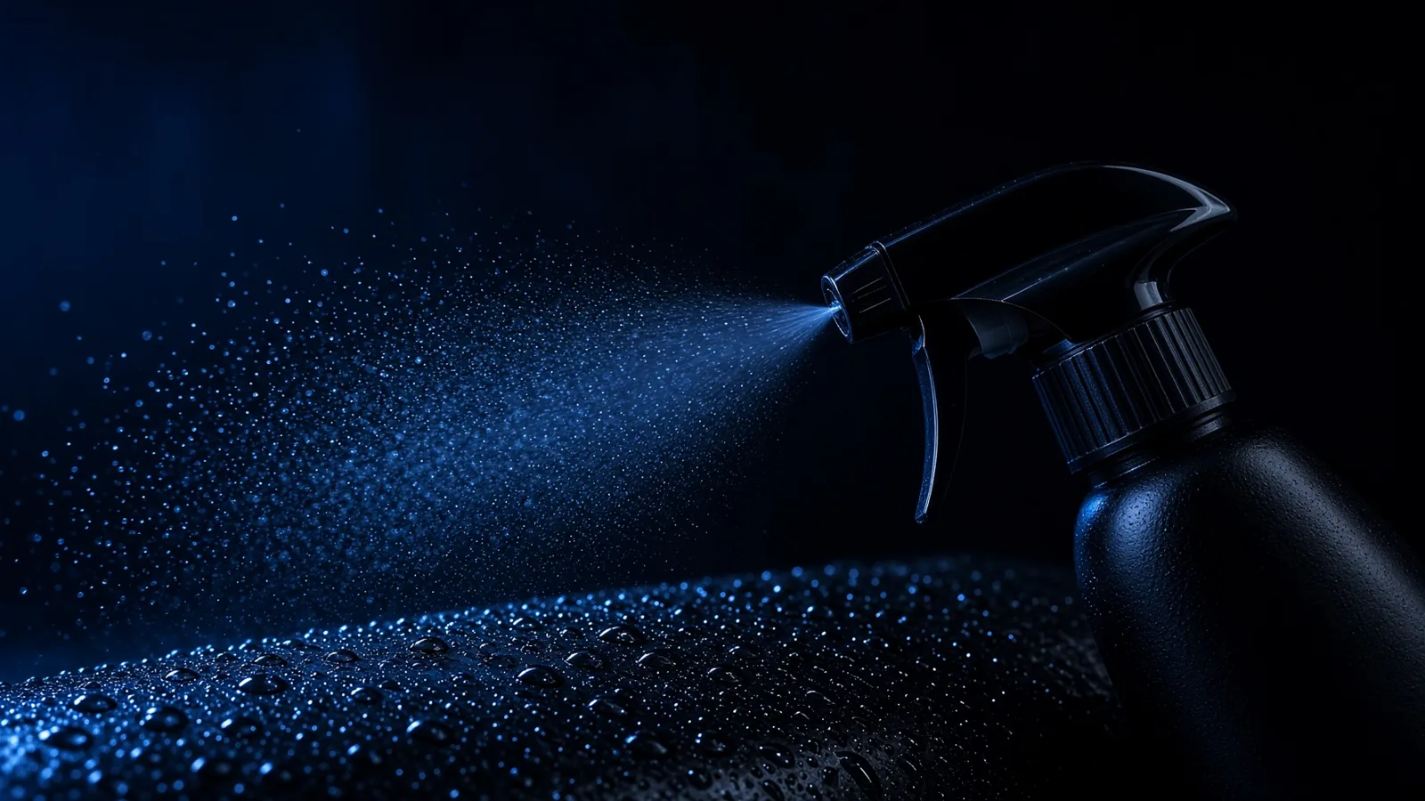 Sanitizing mist on wet black plastic