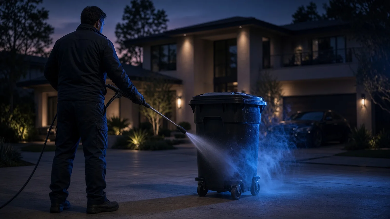 Technician arriving to clean bins on a luxury driveway